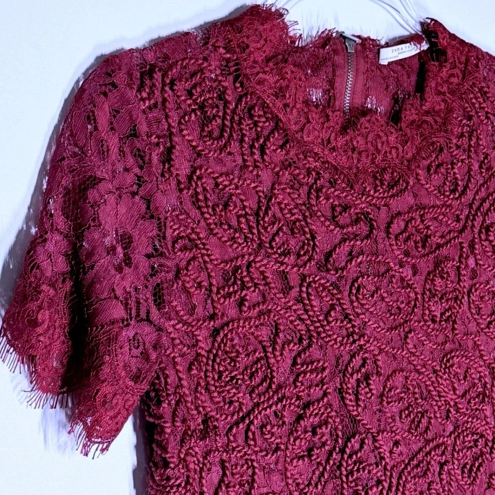 Zara Trafaluc Burgundy Lace Short Sleeve Crop Top Medium